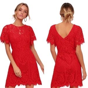 NWT Lulu’s Pearson Red Lace Short Sleeve Cocktail Mini Dress Size Small